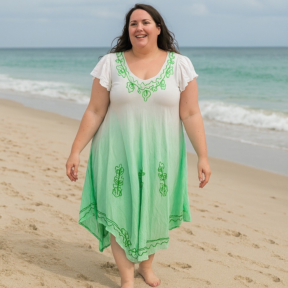 Ashley Taylor 1X Green Ombre Rayon Dress Plus‎ Size Boho Resort Casual Beachy